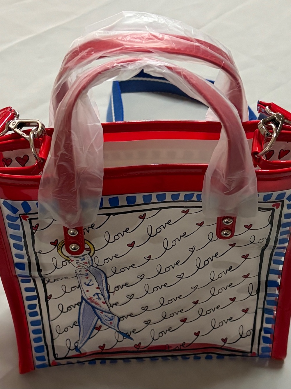Brighton Striped Love Vinyl Tote Crossbody Bag Red Blue NWT - Picture 3 of 13